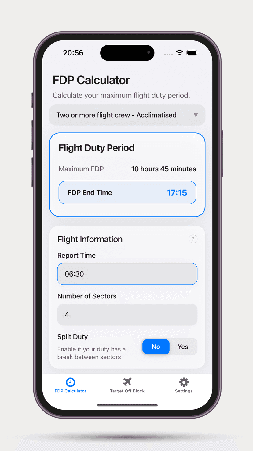 Accurate FDP Calculator - FTL Calculator interface showing Instantly calculate your maximum Flight Duty Period (FDP) based on report time a...